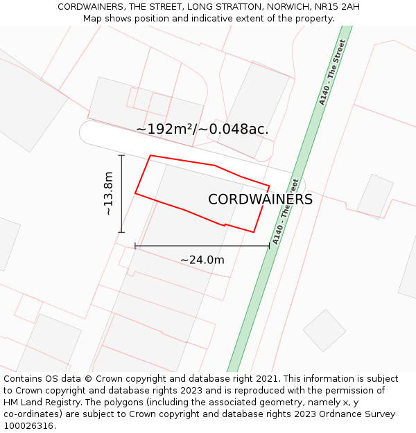 CORDWAINERS, THE STREET, LONG STRATTON, NORWICH, NR15 2AH: Plot and title map