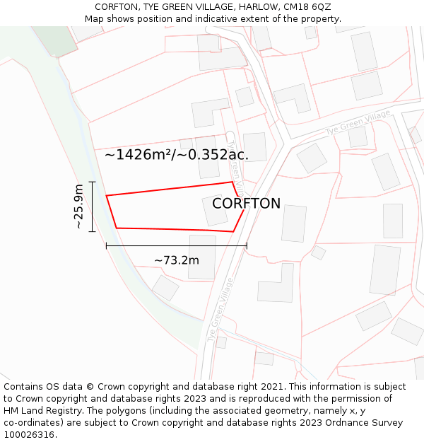 CORFTON, TYE GREEN VILLAGE, HARLOW, CM18 6QZ: Plot and title map