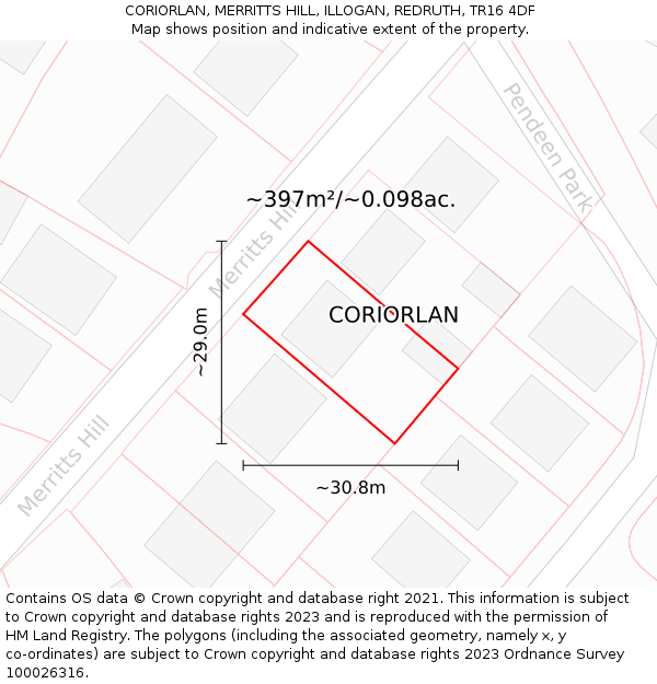CORIORLAN, MERRITTS HILL, ILLOGAN, REDRUTH, TR16 4DF: Plot and title map