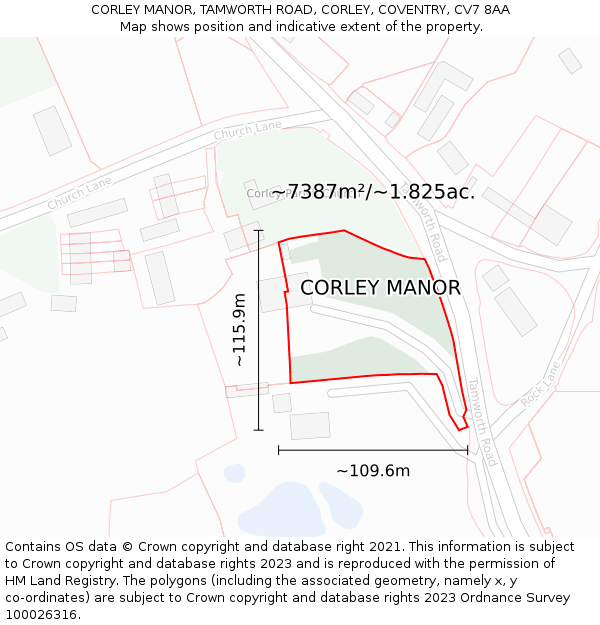 CORLEY MANOR, TAMWORTH ROAD, CORLEY, COVENTRY, CV7 8AA: Plot and title map