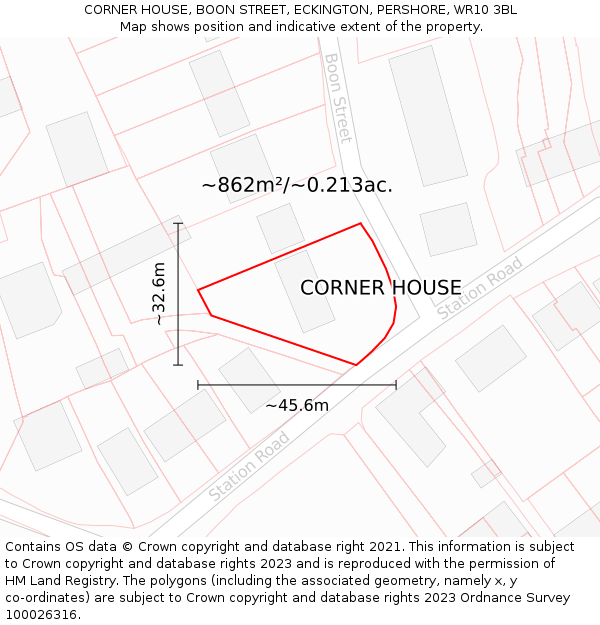 CORNER HOUSE, BOON STREET, ECKINGTON, PERSHORE, WR10 3BL: Plot and title map