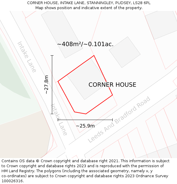 CORNER HOUSE, INTAKE LANE, STANNINGLEY, PUDSEY, LS28 6PL: Plot and title map