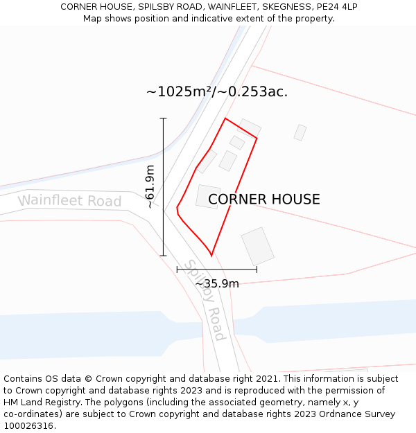 CORNER HOUSE, SPILSBY ROAD, WAINFLEET, SKEGNESS, PE24 4LP: Plot and title map