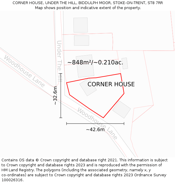 CORNER HOUSE, UNDER THE HILL, BIDDULPH MOOR, STOKE-ON-TRENT, ST8 7RR: Plot and title map