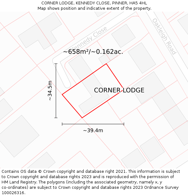 CORNER LODGE, KENNEDY CLOSE, PINNER, HA5 4HL: Plot and title map