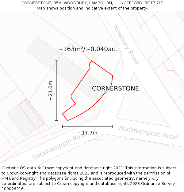 CORNERSTONE, 35A, WOODBURY, LAMBOURN, HUNGERFORD, RG17 7LT: Plot and title map