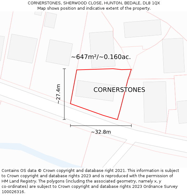 CORNERSTONES, SHERWOOD CLOSE, HUNTON, BEDALE, DL8 1QX: Plot and title map