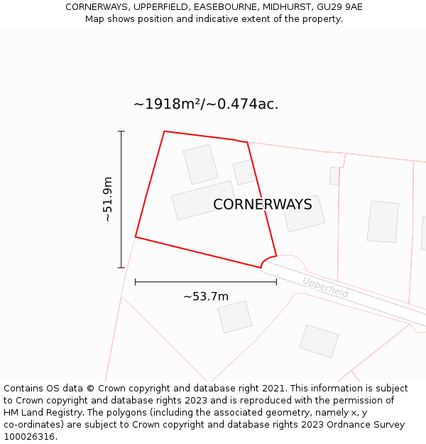 CORNERWAYS, UPPERFIELD, EASEBOURNE, MIDHURST, GU29 9AE: Plot and title map