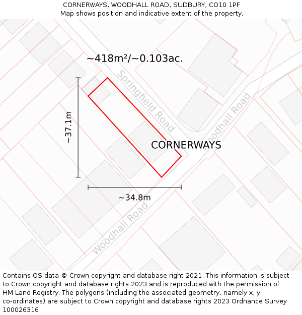 CORNERWAYS, WOODHALL ROAD, SUDBURY, CO10 1PF: Plot and title map