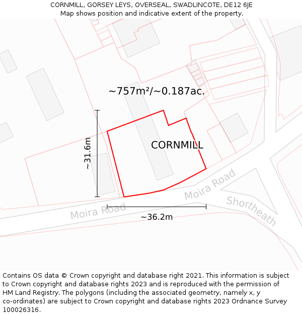 CORNMILL, GORSEY LEYS, OVERSEAL, SWADLINCOTE, DE12 6JE: Plot and title map