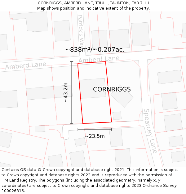 CORNRIGGS, AMBERD LANE, TRULL, TAUNTON, TA3 7HH: Plot and title map