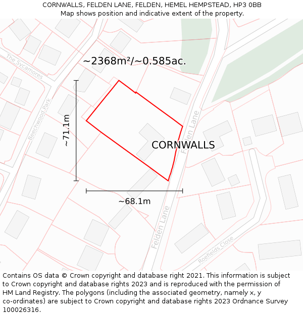 CORNWALLS, FELDEN LANE, FELDEN, HEMEL HEMPSTEAD, HP3 0BB: Plot and title map