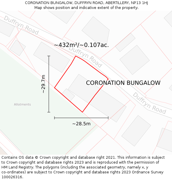 CORONATION BUNGALOW, DUFFRYN ROAD, ABERTILLERY, NP13 1HJ: Plot and title map