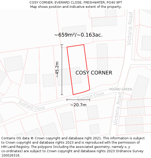 COSY CORNER, EVERARD CLOSE, FRESHWATER, PO40 9PT: Plot and title map