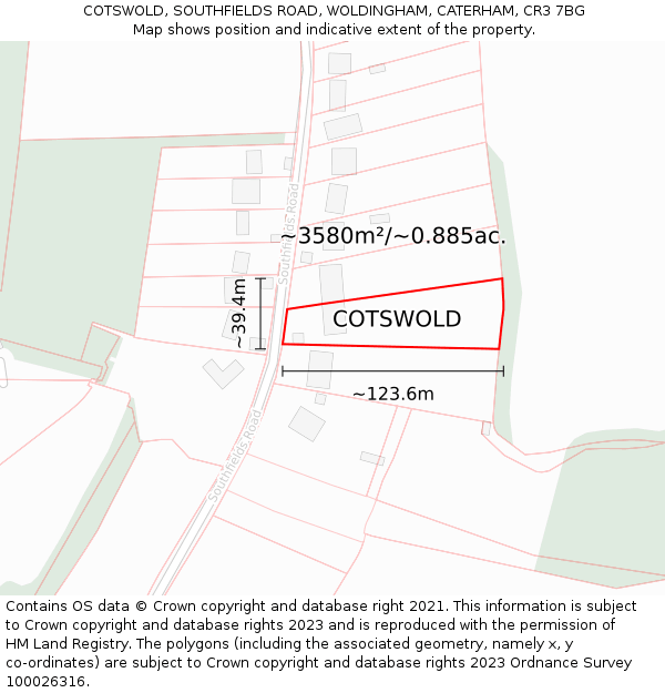 COTSWOLD, SOUTHFIELDS ROAD, WOLDINGHAM, CATERHAM, CR3 7BG: Plot and title map