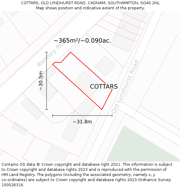 COTTARS, OLD LYNDHURST ROAD, CADNAM, SOUTHAMPTON, SO40 2NL: Plot and title map