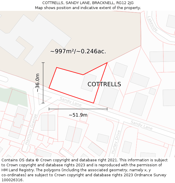COTTRELLS, SANDY LANE, BRACKNELL, RG12 2JG: Plot and title map
