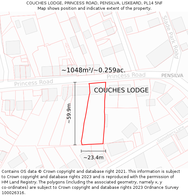 COUCHES LODGE, PRINCESS ROAD, PENSILVA, LISKEARD, PL14 5NF: Plot and title map