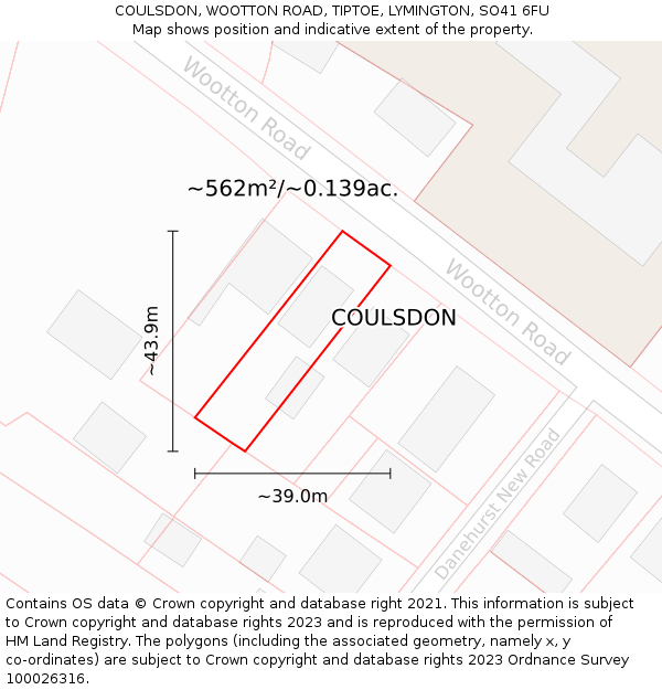 COULSDON, WOOTTON ROAD, TIPTOE, LYMINGTON, SO41 6FU: Plot and title map