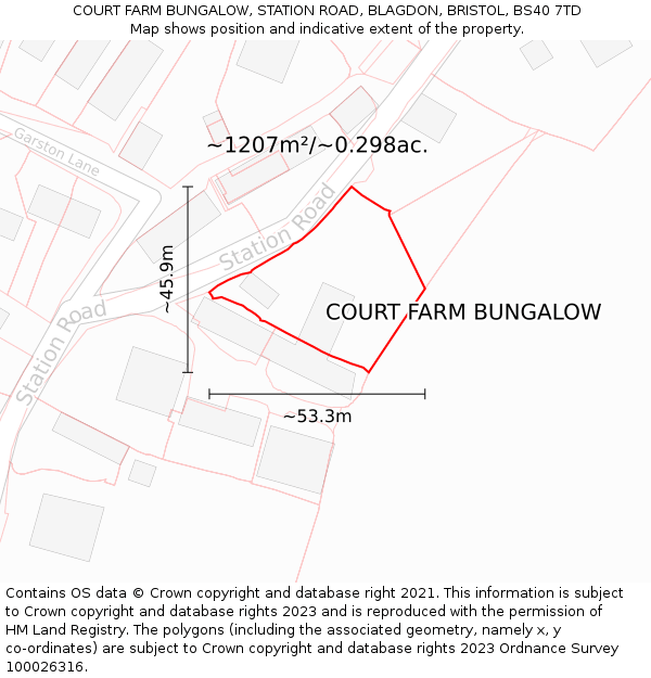 COURT FARM BUNGALOW, STATION ROAD, BLAGDON, BRISTOL, BS40 7TD: Plot and title map