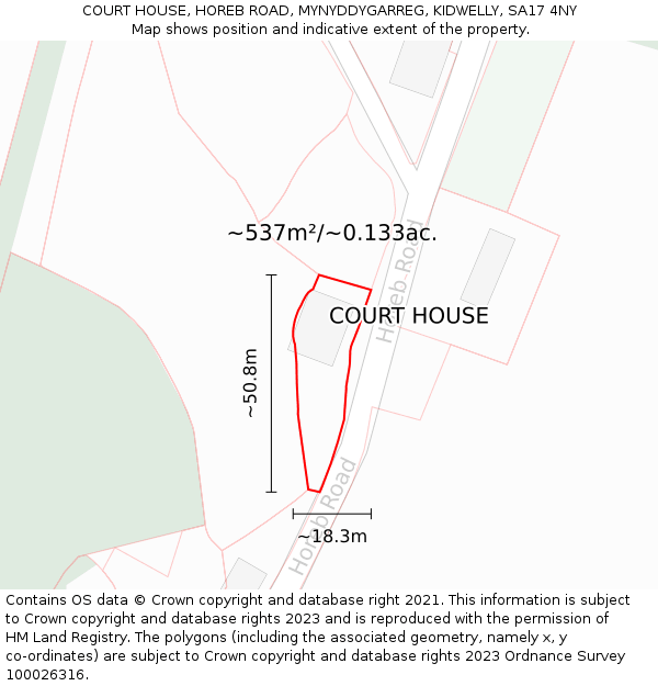 COURT HOUSE, HOREB ROAD, MYNYDDYGARREG, KIDWELLY, SA17 4NY: Plot and title map