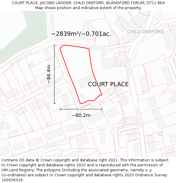 COURT PLACE, JACOBS LADDER, CHILD OKEFORD, BLANDFORD FORUM, DT11 8EA: Plot and title map