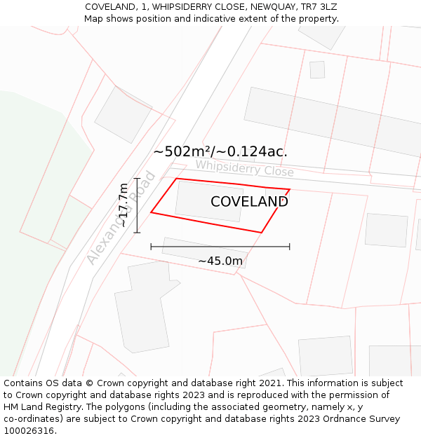 COVELAND, 1, WHIPSIDERRY CLOSE, NEWQUAY, TR7 3LZ: Plot and title map