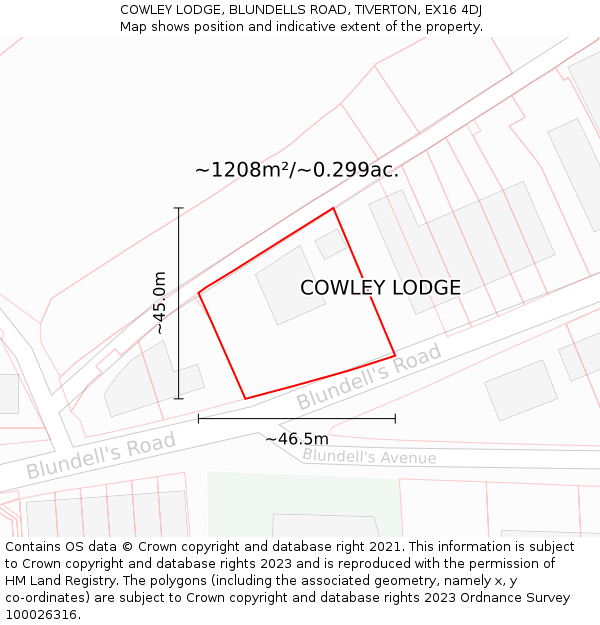 COWLEY LODGE, BLUNDELLS ROAD, TIVERTON, EX16 4DJ: Plot and title map