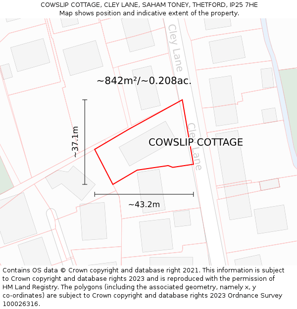 COWSLIP COTTAGE, CLEY LANE, SAHAM TONEY, THETFORD, IP25 7HE: Plot and title map