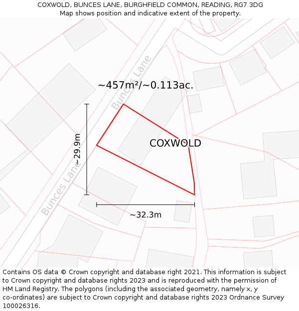 COXWOLD, BUNCES LANE, BURGHFIELD COMMON, READING, RG7 3DG: Plot and title map