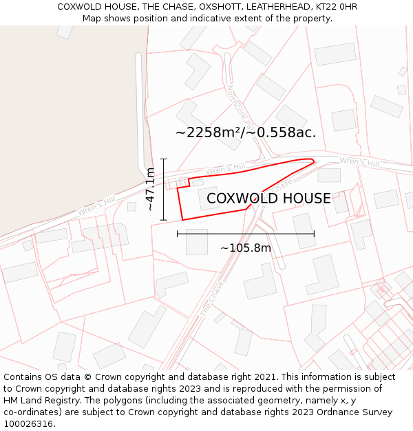 COXWOLD HOUSE, THE CHASE, OXSHOTT, LEATHERHEAD, KT22 0HR: Plot and title map