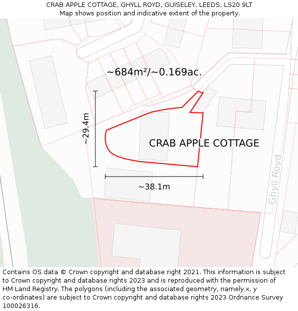 CRAB APPLE COTTAGE, GHYLL ROYD, GUISELEY, LEEDS, LS20 9LT: Plot and title map