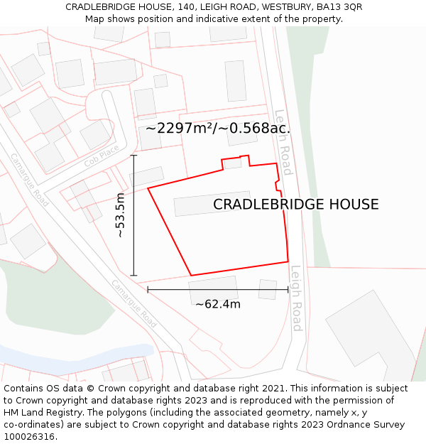 CRADLEBRIDGE HOUSE, 140, LEIGH ROAD, WESTBURY, BA13 3QR: Plot and title map