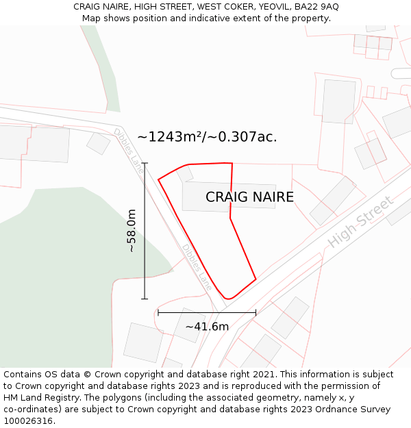 CRAIG NAIRE, HIGH STREET, WEST COKER, YEOVIL, BA22 9AQ: Plot and title map