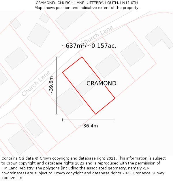 CRAMOND, CHURCH LANE, UTTERBY, LOUTH, LN11 0TH: Plot and title map