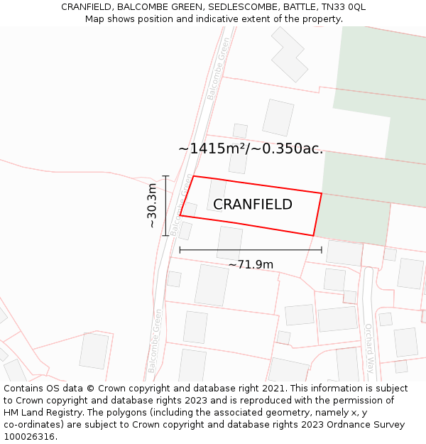 CRANFIELD, BALCOMBE GREEN, SEDLESCOMBE, BATTLE, TN33 0QL: Plot and title map