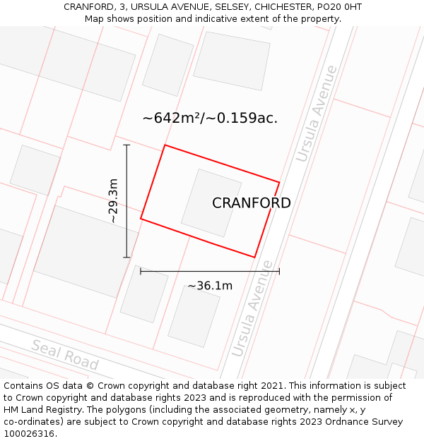 CRANFORD, 3, URSULA AVENUE, SELSEY, CHICHESTER, PO20 0HT: Plot and title map