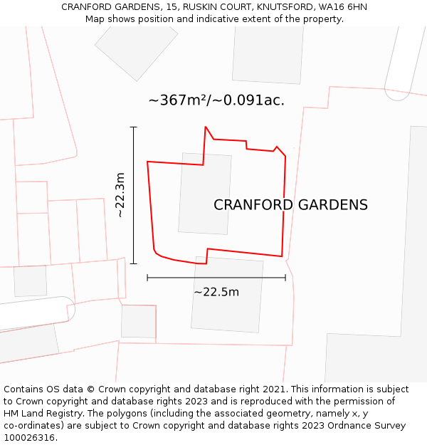CRANFORD GARDENS, 15, RUSKIN COURT, KNUTSFORD, WA16 6HN: Plot and title map