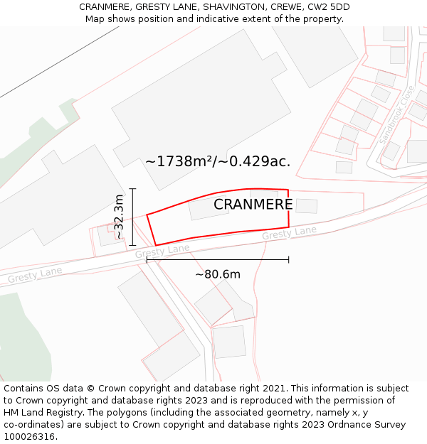 CRANMERE, GRESTY LANE, SHAVINGTON, CREWE, CW2 5DD: Plot and title map