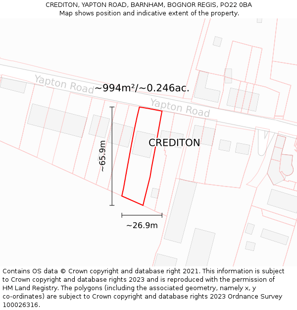 CREDITON, YAPTON ROAD, BARNHAM, BOGNOR REGIS, PO22 0BA: Plot and title map