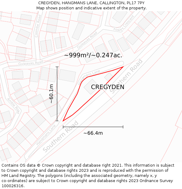 CREGYDEN, HANGMANS LANE, CALLINGTON, PL17 7PY: Plot and title map