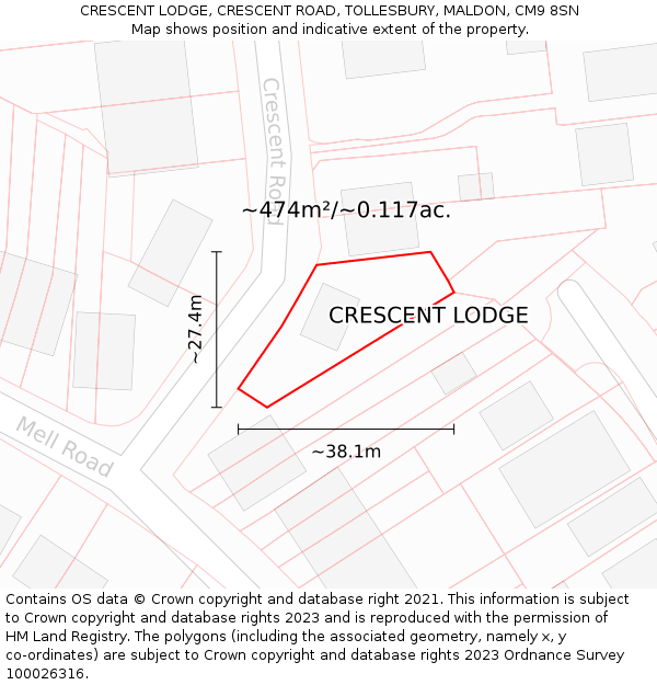 CRESCENT LODGE, CRESCENT ROAD, TOLLESBURY, MALDON, CM9 8SN: Plot and title map