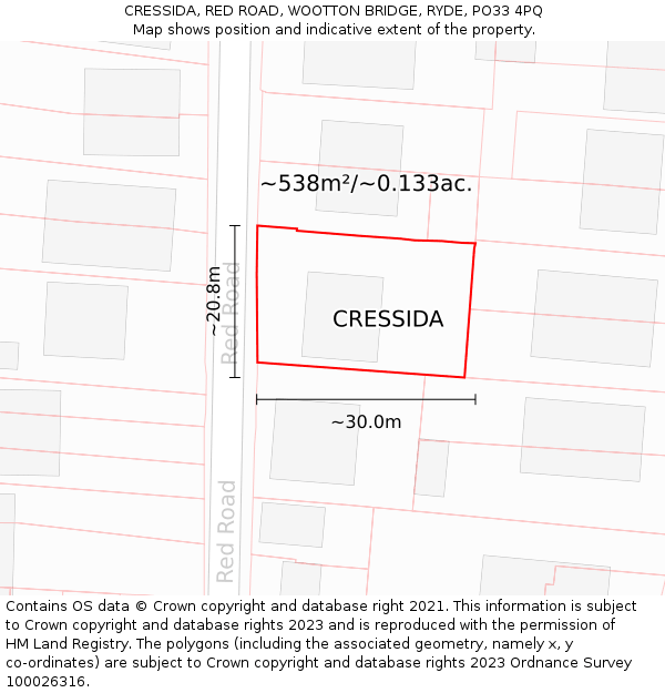 CRESSIDA, RED ROAD, WOOTTON BRIDGE, RYDE, PO33 4PQ: Plot and title map