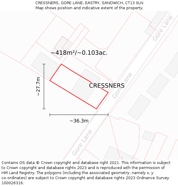 CRESSNERS, GORE LANE, EASTRY, SANDWICH, CT13 0LN: Plot and title map