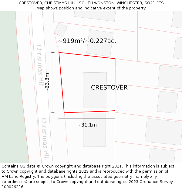 CRESTOVER, CHRISTMAS HILL, SOUTH WONSTON, WINCHESTER, SO21 3ES: Plot and title map