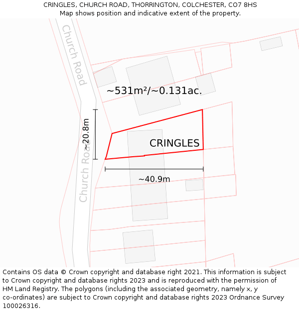 CRINGLES, CHURCH ROAD, THORRINGTON, COLCHESTER, CO7 8HS: Plot and title map