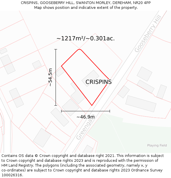 CRISPINS, GOOSEBERRY HILL, SWANTON MORLEY, DEREHAM, NR20 4PP: Plot and title map