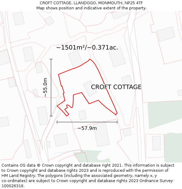 CROFT COTTAGE, LLANDOGO, MONMOUTH, NP25 4TF: Plot and title map