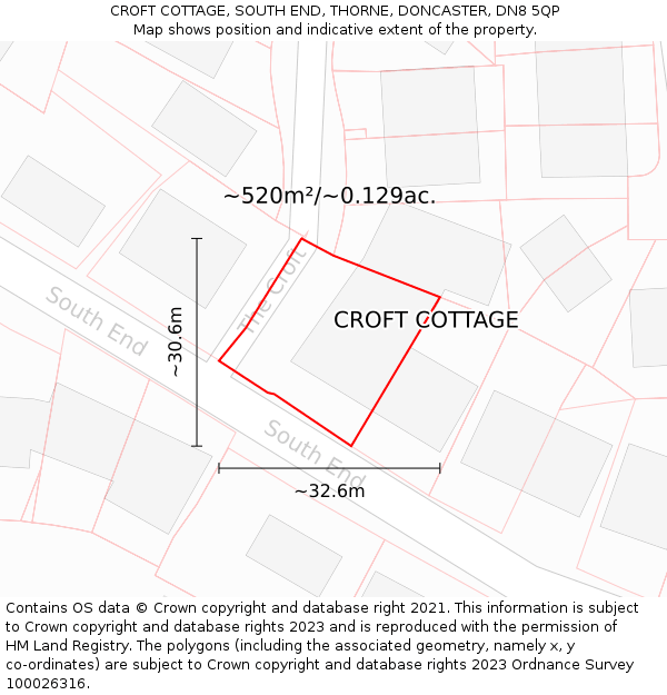 CROFT COTTAGE, SOUTH END, THORNE, DONCASTER, DN8 5QP: Plot and title map