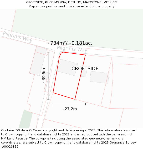 CROFTSIDE, PILGRIMS WAY, DETLING, MAIDSTONE, ME14 3JY: Plot and title map